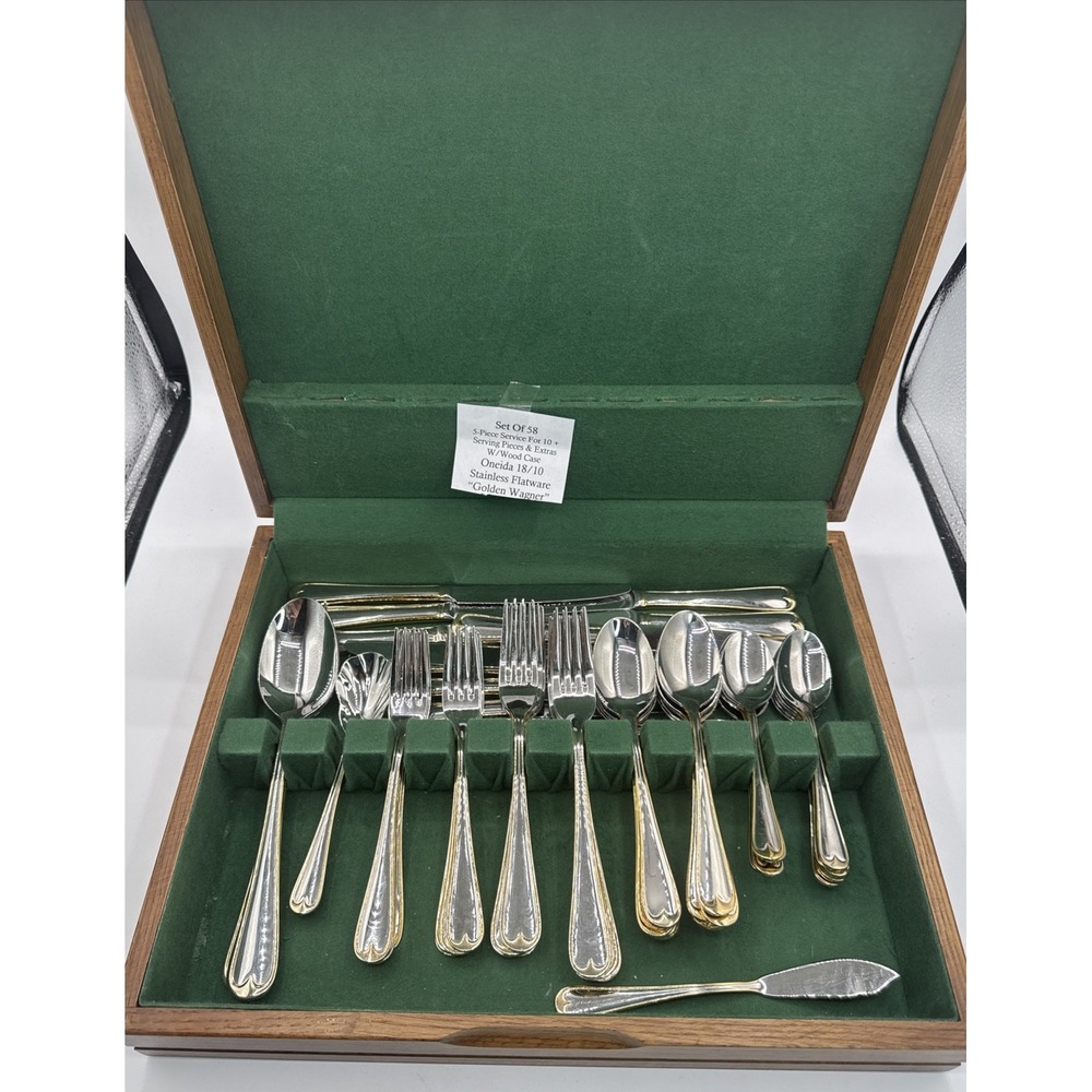 Oneida Golden Wagner Gold Accent Silverware Flatware Set 58 Pc Wood Chest